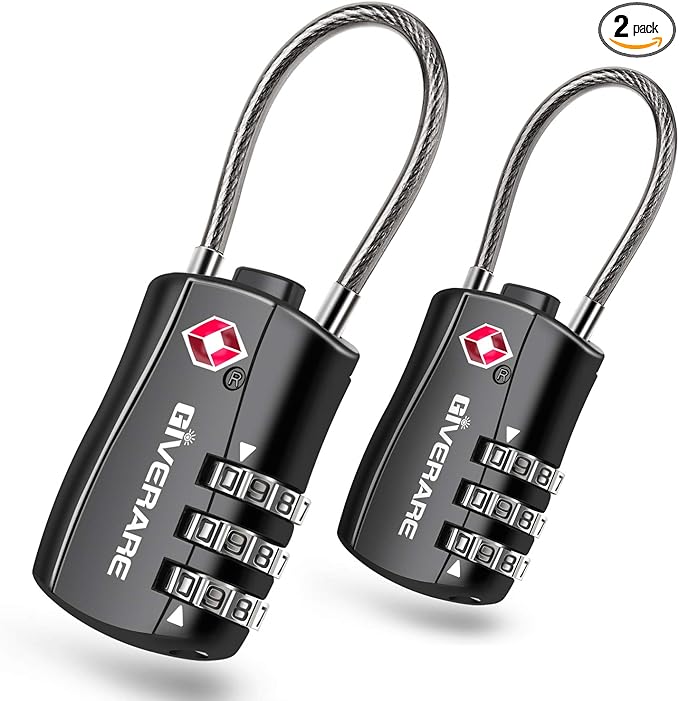 GIVERARE 2 PCS TSA Approved Luggage Locks, Combination Travel Cable Lock, Re-settable 3-Digit Padlocks with Alloy Body, Keyless Travel Sentry Accepted Padlock for Gym Locker, Golf Bag Case-Black