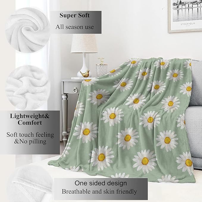 Daisy Blanket Butterfly White Floral Pattern on Mint Green Throw Blankets Gifts for Girls Women Lightweight Soft Fleece Cozy for Sofa Couch Bed Room Birthday Boho Spring Decor 40x50in