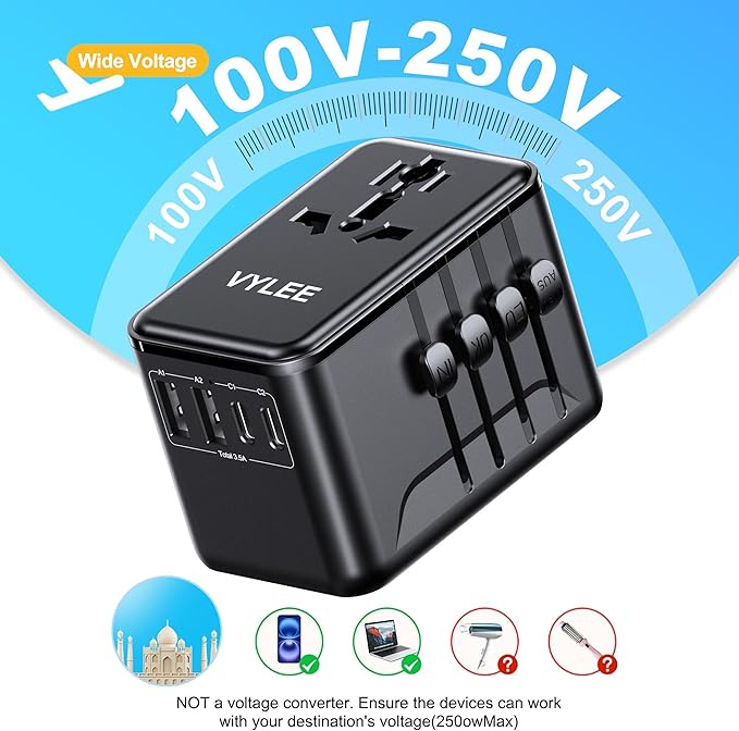 VYLEE Universal Travel Adapter, 2 USB-C & 2 USB-A Worldwide Plug Adapter with 1 Universal AC Outlet, Type A D I G C International Plug Adapter for US, India, Europe, UK, Maldives, Sri Lanka(Black)