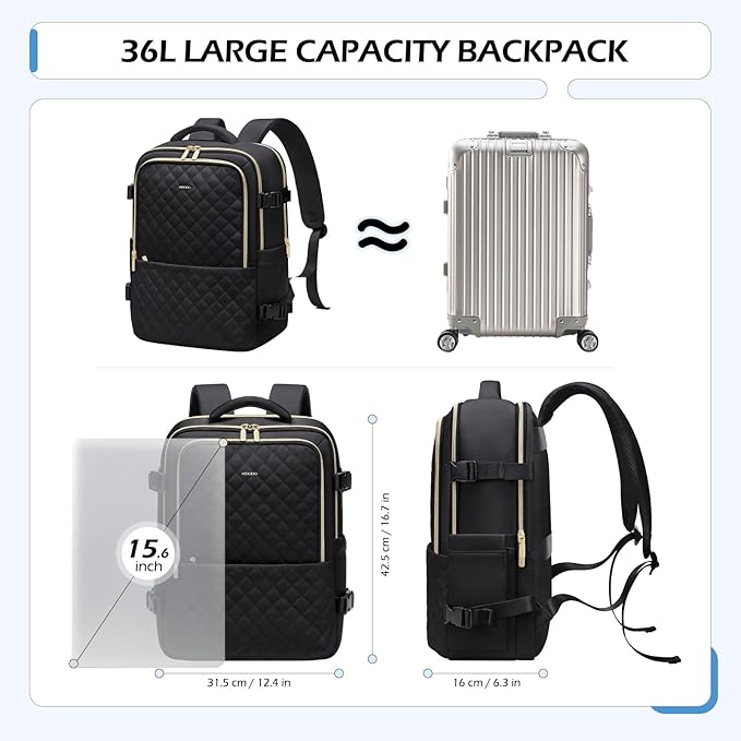 MDODO Travel Backpack for Women Men - Large Carry On Luggage Laptop Backpack Lightweight Daypack Waterproof Causal Bookbag Computer Backpack for College,Travel,Work,Fits 15.6Inch, 36L, Black