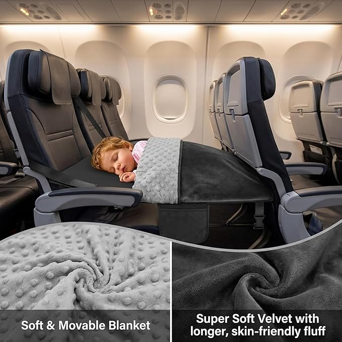 Airplane Bed, Toddler Airplane Bed, Seat Extender for Kids with Blanket – Portable Travel Sleeper with Plush Flannel & Storage Bag, Black, 31.5x18in