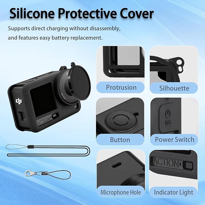 7-in-1 Accessories Kit for DJI Osmo Action 6, Included 2 Pack 9H Hardness Tempered Glass, Carrying Portable Storage Case with Carabiner Clip, Black Silicone Case