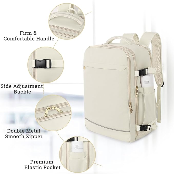 Sinaliy Travel Backpack, 40L 17 inch Laptop Waterproof Backpack Carry on Flight Approved, Personal Item Travel Bag, Casual Daypack for College, Business, Weekend, Work, Beige