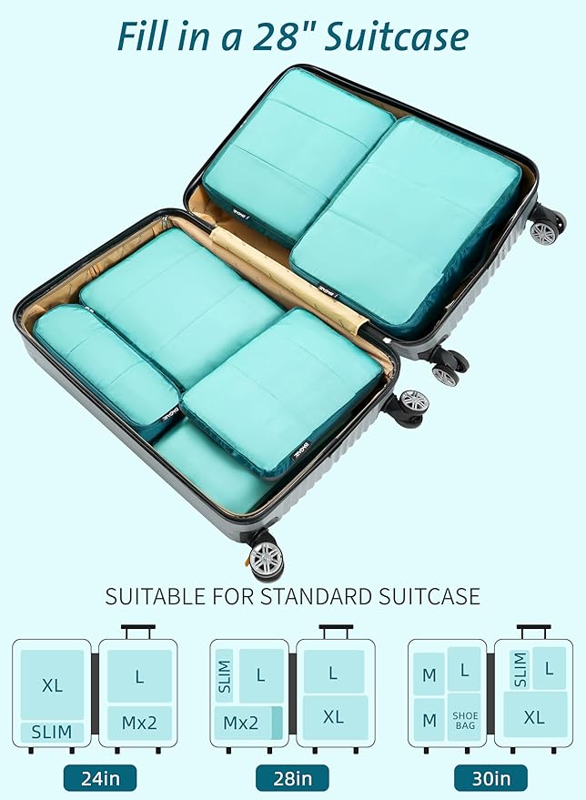 Bagail Ultralight Compression Cubes 7 Set - 3 Packing Cubes, 3 Organizers, and 1 Shoe Bag