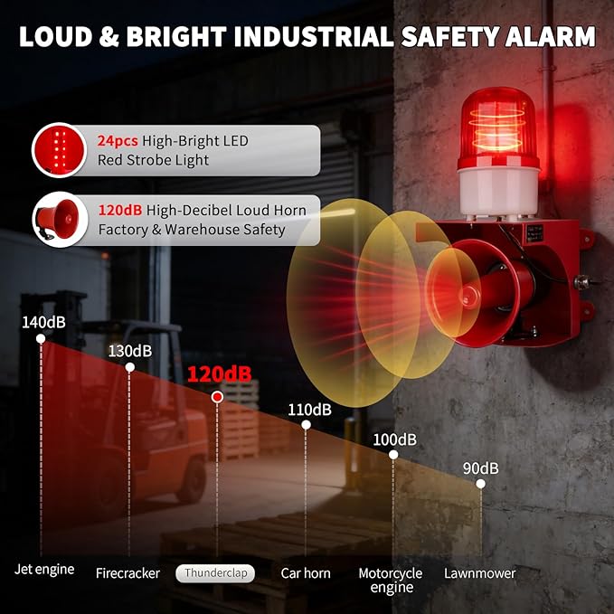 AC110V Industrial Siren Alarm Strobe Light-120dB Loud Horn&Red Beacon Warning Light,Waterproof Indoor/Outdoor Safety Alarm for Emergency,Factory,Office,Fires,Tornado,Intruders,Animal Deterrent