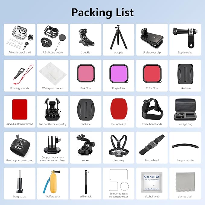 60-in-1 Accessories Kit Compatible with DJI Osmo Action 6 with 70m Waterproof Housing Case, Tempered Glass Screen Protector, Floaty Bobber Grip, Large Carrying Case, Mounts Chest/Head/Handlebar