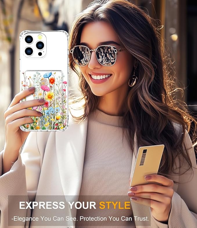 Compatible with iPhone 16 Pro Case Card Holder for Women Cute Design,Wallet Phone Cases Transparent Cool Kawaii Protective (Clear Flowers Herbs Wild Plants)
