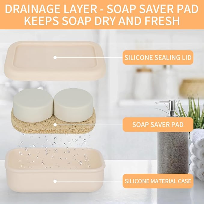 Leak Proof Travel Soap Case,Large Silicone Travel Soap Holder,Portable Soap Box with Drainage Layer,Bathroom Shatter Proof,Suitable for Travel, Bathroom, Camping, Gym(Off-White)