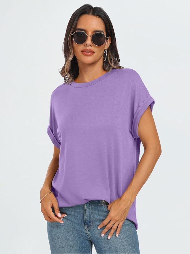 AUTOMET Women's Oversized Short Sleeve T Shirts Casual Drop Shoulder Rolled Cuff Summer Tops for Work, Travel and Lounge