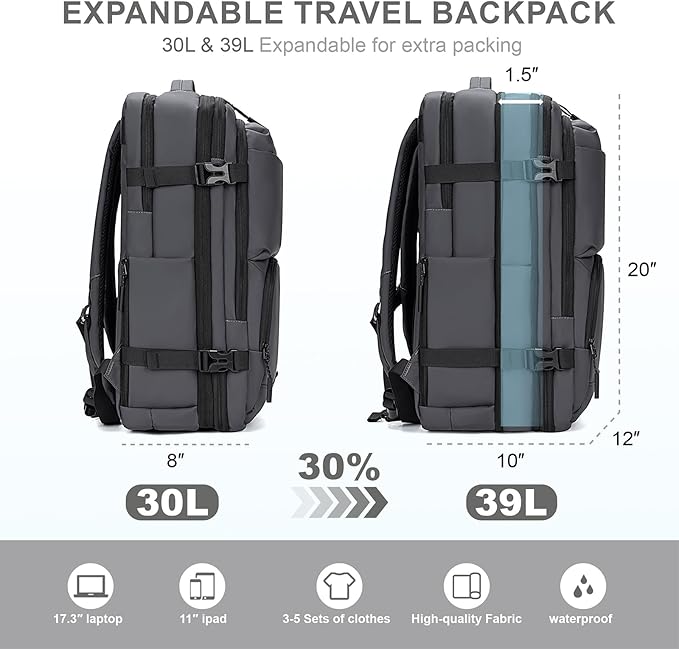 BAGOK Carry On Travel Backpack, 35L-40L Expandable Extra Large Airline Approved,Lightweight Daypack for Men and Women（Gray）