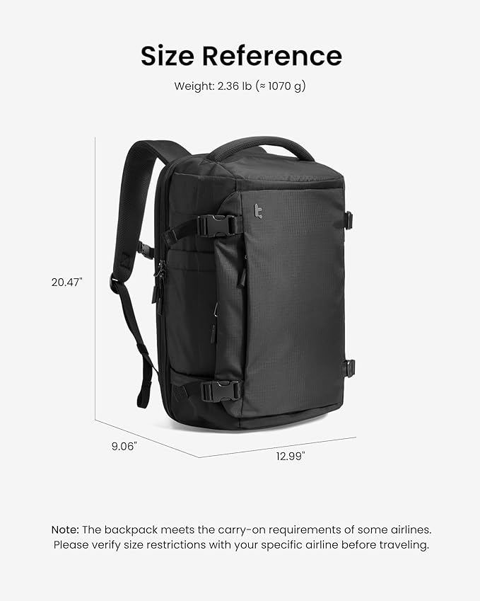 tomtoc Travel Backpack 40L, TSA Friendly Flight Approved Carry-on Luggage Hand Water-resistant Lightweight Business Rucksack, Durable Large Weekender Bag Daypack Fits 17.3 Inch Laptop