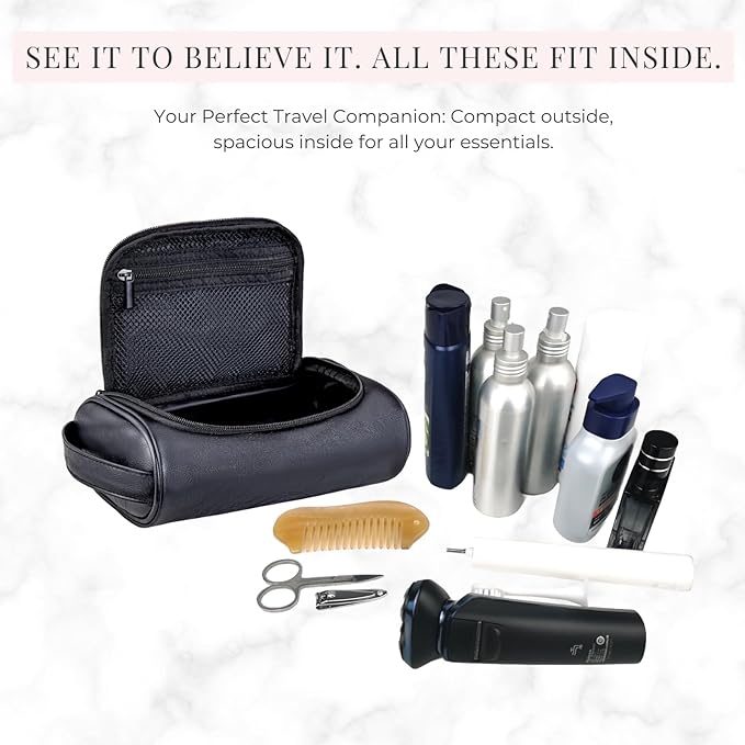 Mens Toiletry Bag, Compact Dopp Kit for Men Travel, PU Leather Shaving Kit, Water-Resistant Minimalist Organizer with Wrist Strap, Travel Toiletry Bag, Gift for Men,Small 9X5.9X3 Inch Black