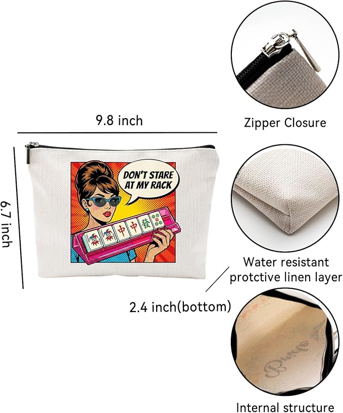 ZUYUROU Funny Mahjong Gifts for Women - Don't Stare At My Rack Makeup Bag - Retro Pop Art American Mahjong Accessories - Zipper Pouch for NMJL Card, Tiles, and Cosmetics - Unique Game Night Prize
