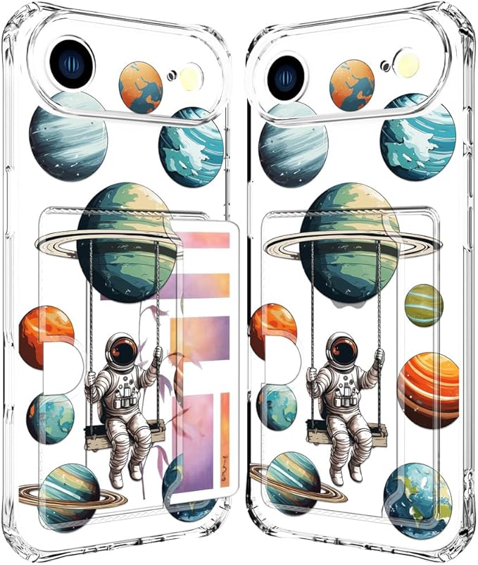 Compatible with iPhone 17 Air Case Card Holder for Women Cute Design,Wallet Phone Cases Transparent Cool Kawaii Protective (Clear Astronaut Space Planets)