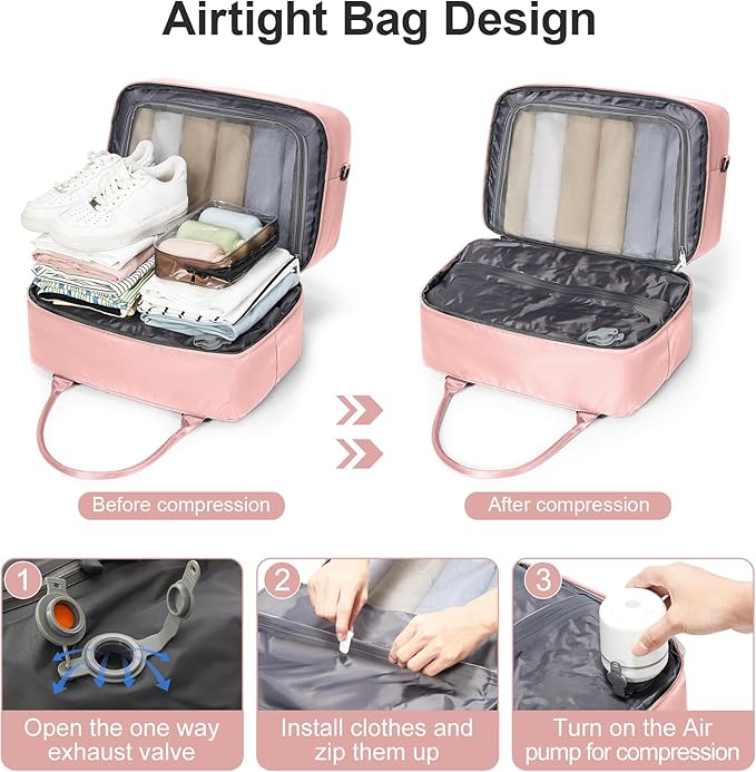 Vacuum Travel Bag for Women with Air Pump, Personal Item Carry on Bags with Seal Compression Pocket for Airlines, Weekender Overnight Bag for Women with Toiletry Bag，Pink