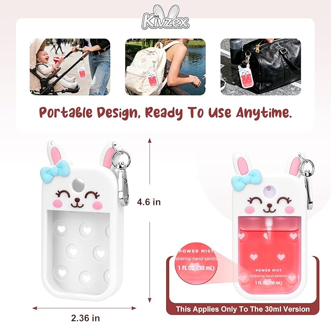 Bunny Silicone Case for Touchland Hand Sanitizer Spray with Keychain Holder, Compatible with Power Mist & Glow Mist 1 FL Oz/30ML for Touchland Case, Easter Cute Travel Cover Sleeve White