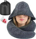 Travel Neck Pillow with Extra Large Hood Rollable Airplane Hooded Neck Pillow with Memory Foam Filling and Removable, Skin-Friendly Cover with a Carrying Pouch (Cationic)