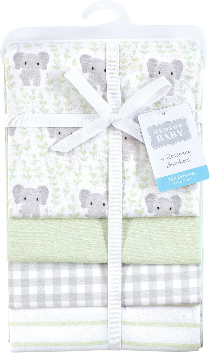 Hudson Baby Unisex Baby Cotton Flannel Receiving Blankets 4-Pack, Leafy Elephant, One Size