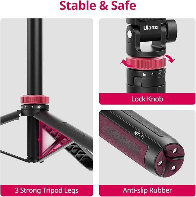 ULANZI MT-71 Tripod Selfie Stick & Vlog Handle with Magnetic Quick Release&1/4'' Screw, 59in Extendable Lightweight Tripod Stand (7-Section) for DJI Pocket 3/Insta360 X5 X4 X3 Series