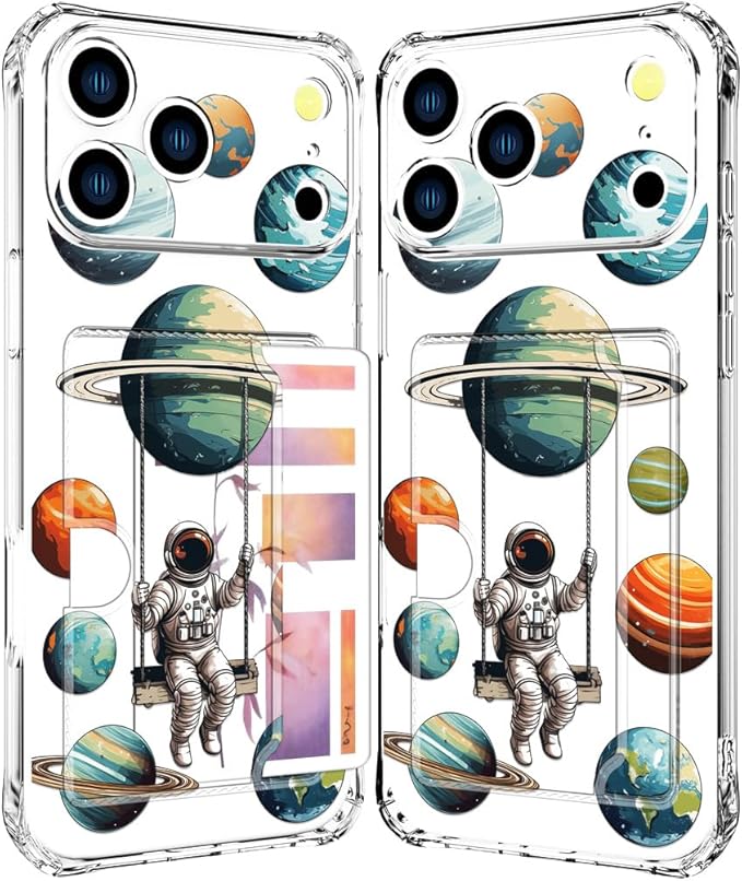 Compatible with iPhone 17 Pro Case Card Holder for Women Cute Design,Wallet Phone Cases Transparent Cool Kawaii Protective (Clear Astronaut Space Planets)