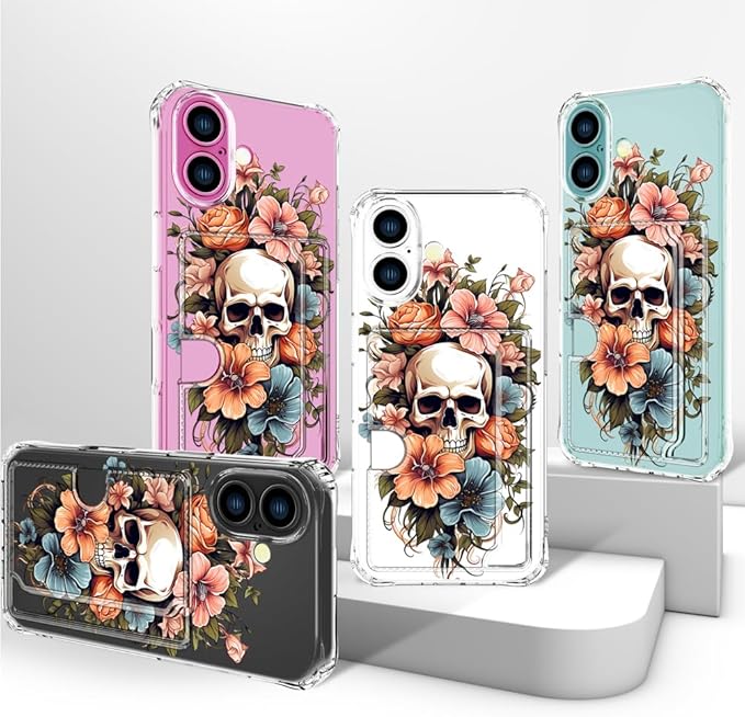 Compatible with iPhone 17 Case Card Holder for Women Cute Design,Wallet Phone Cases Transparent Cool Kawaii Protective (Clear Skull & Flowers)