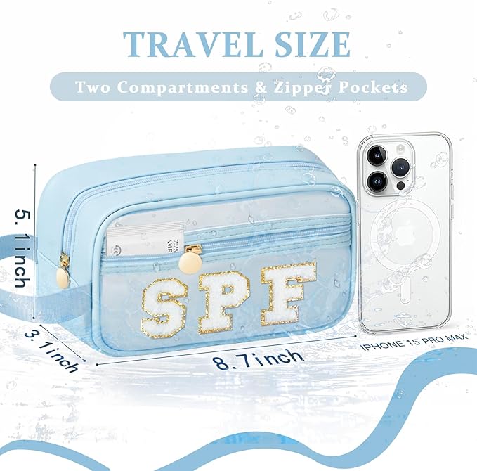 COSHAYSOO Clear Sunscreen Bag Makeup Toiletries Pouch Beach Vacation Essentials Summer Travel Stuff Accessories Personalized Graduation Gifts for Her Women College Teen Girls Teacher Nurse Blue SPF