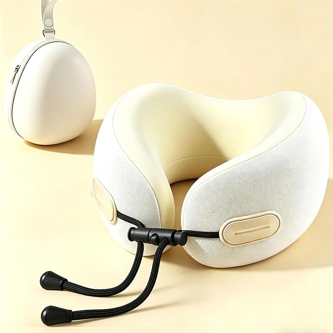 Travel Neck Pillow with Storage Case, 100% Pure Memory Foam, Airplane Head Support for Flight Sleeping, Portable, Beige