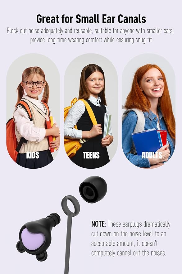 Kids Ear Plugs (6-12 Years) with Cord, Kids Ear Protection Reusable Noise Relief Earplugs for Focus, Travel, Concert, Socializing, Events, Sleep, Anxiety, Home, School, Playtime -26dB Noise Reduction