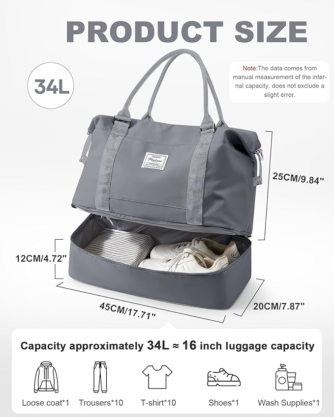 Travel Duffel Bag, 18x14x8 Inches Travel Bag Spirit with Shoes Compartment, Weekender Overnight Bag for Women with Trolley Sleeve, Carry On Bag for Airplanes Sport Tote Gym Bag SlateGrey
