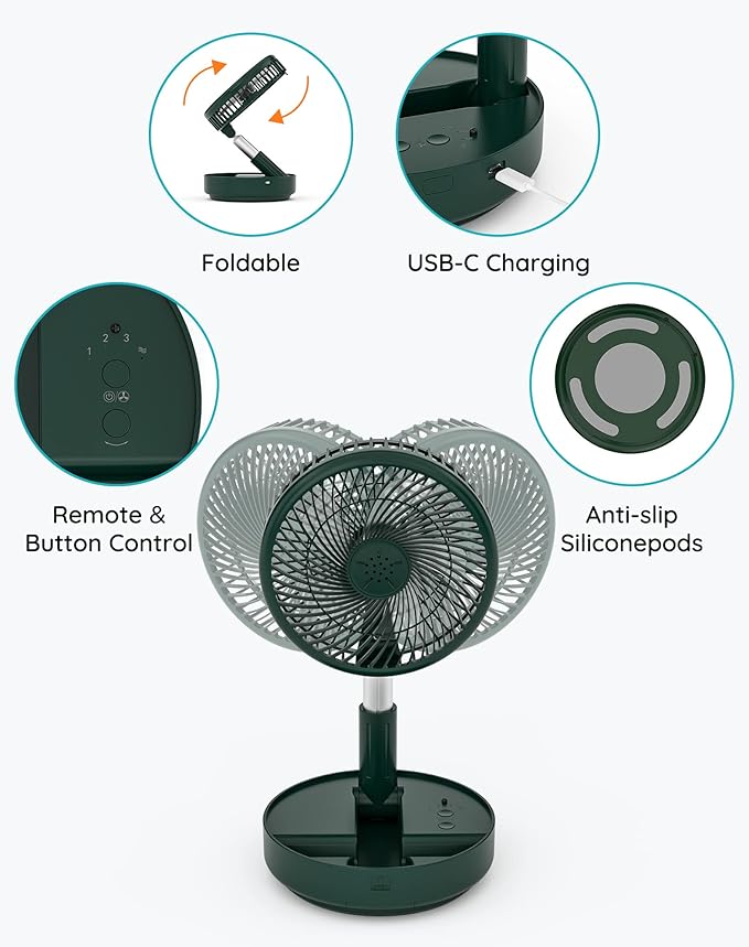Primevolve Portable Oscillating Standing Fan,Rechargeable Battery Operated USB Floor Table Desk Fan with Remote, Bedroom Camping Travel Fans Green 7.7"