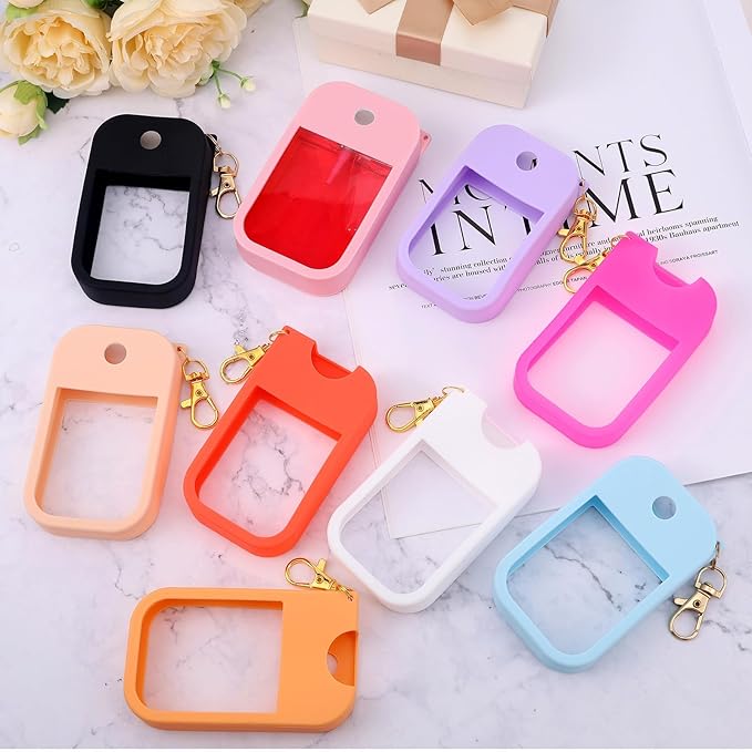 9 PCS Silicone Case for Hand Sanitizer Spray Protective Cover with Keychain Set for Power Mist and Glow Mist 1 fl oz, Colored Hand Sanitizer Spray Accessory