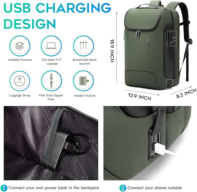 BANGE Travel Laptop Backpack, Anti-Theft Bag with USB Charging Port and TSA Lock, Waterproof Business Computer Backpack Fits 17.3 Inch Notebook