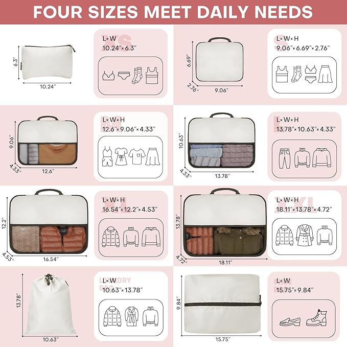 SDGFUI 8 PCS Compression Packing Cubes for Travel Women, Compression Bags Organizer for Luggage Space Saving Travel Essentials and Carry on, Luggage Organizer Bags for Suitcase - Beige