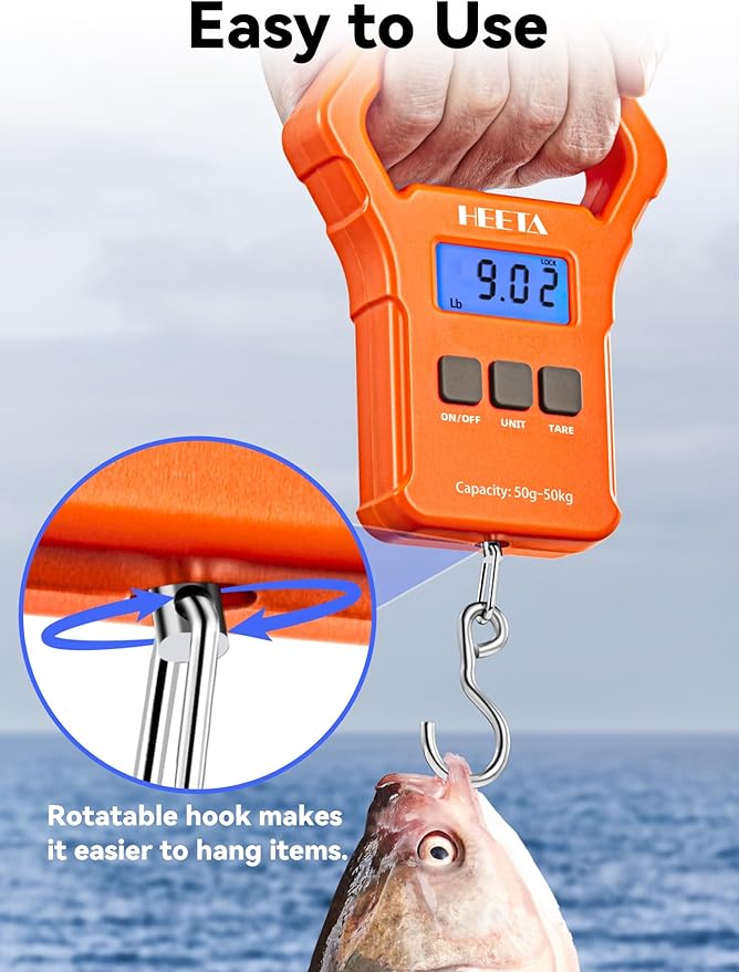 HEETA Fish Scale, 110lb/50kg Digital Portable Hanging Fishing Weight Scale with Backlit LCD Display, Luggage Scale with Hook, Non-Slip Large ABS Handle & 2 AAA Batteries, Fishing Gifts Gear for Men
