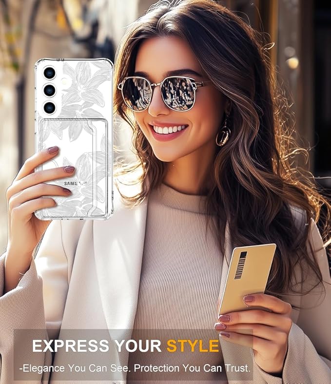 Compatible with Samsung Galaxy S24 / S25 Case Card Holder for Women Cute Design,Wallet Phone Cases Transparent Cool Kawaii Protective (Clear Flower White)