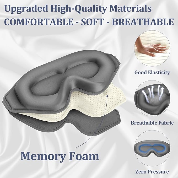 3D Deep Contoured Zero Pressure Sleep Eye Mask for Men & Women, Blackout Blindfold with Adjustable Strap for Travel, Home, Nap (Gray)