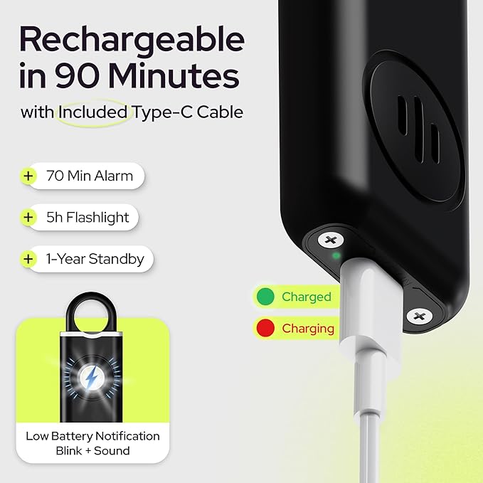 Personal Safety Alarm for Women – 130dB Loud Panic Siren Keychain - Rape Whistle Alternative – LED Light, Carabiner Clip, Low Battery Alert, USB-C Charging Self Defense Alarm by Weten (2 Pack Black)