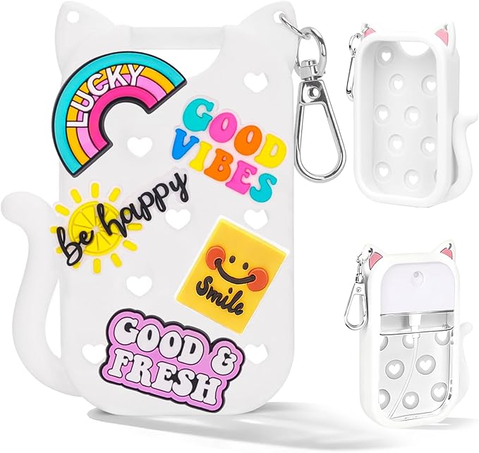 Cat Silicone Case for Touchland Hand Sanitizer Spray with Keychain&Charms,Compatible with Power Mist & Glow Mist 1 FL Oz/30ML for Touchland Case,Cute Travel Cover Sleeve Accessory (White Cat)