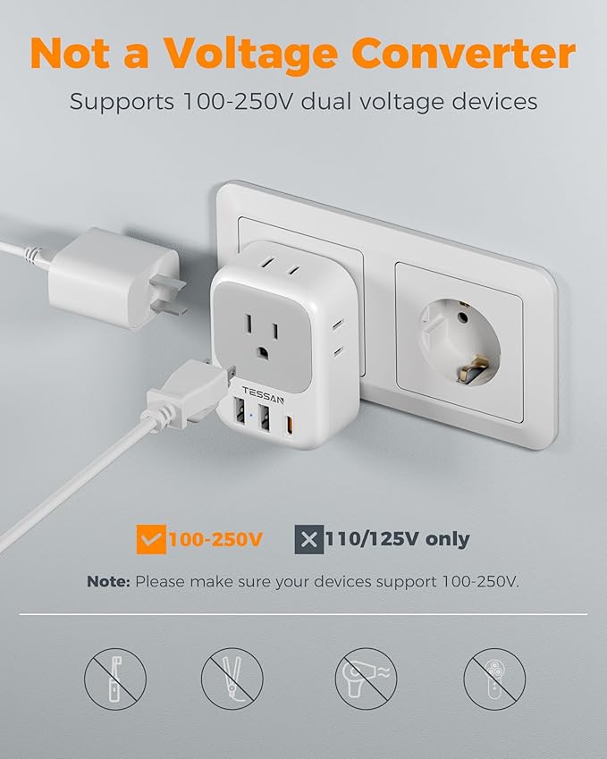 TESSAN Type E F Plug Adapter, Germany France Power Adapter with 3 USB Ports (1 USB C 20W), 4 AC Outlets Travel Adaptor for US to Europe EU Spain Iceland Korea Portugal Greece Russia German French