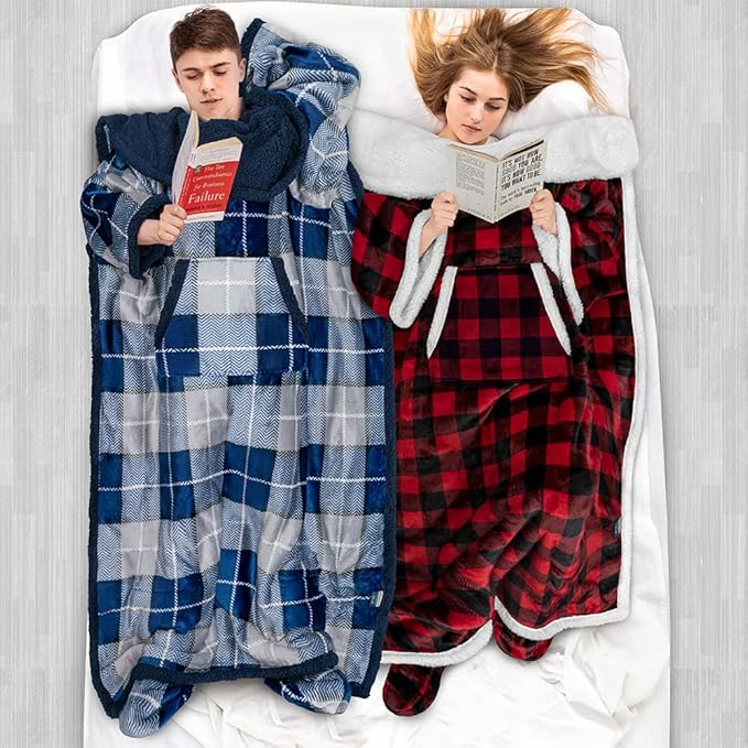 PAVILIA Sherpa Blanket with Sleeves, Foot Pocket for Women Men Adults, Thick Wearable Blanket Throw Wrap, Fleece Warm Snuggle Blanket Robe, Cozy Gift Ideas Wife Mom, Checkered Red