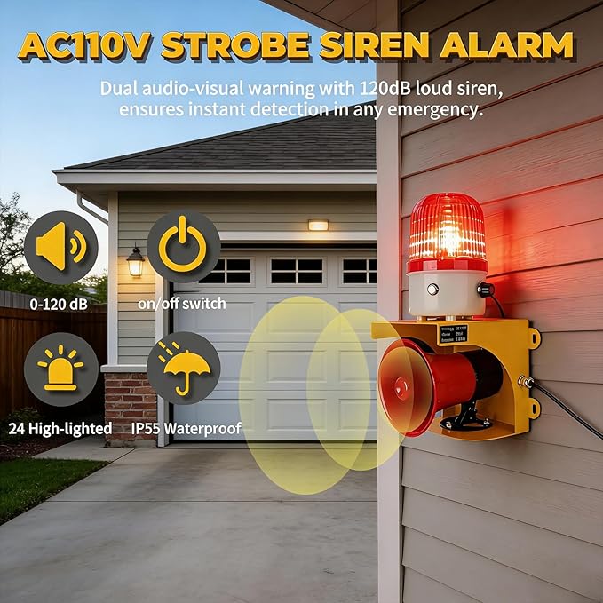 AC110V Industrial Siren Alarm Strobe Light-120dB Loud Horn&Waterproof Red Beacon Warning Light for Emergency,Factory,Fires,Tornado,Intruder Deterrent (with Switch&Volume – Adjustable 0–120dB)