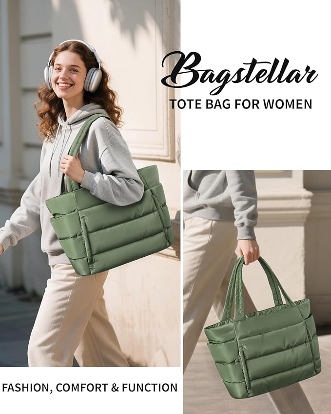 Bagstellar Puffer Tote Bag for Women, Lightweight Puffy Work Handbag Teacher Nurse Quilted Shoulder Bag for School Travel Gym | Cloud Bag w/ Zipper, Daily College Bags, 15.6" Computer Bag, Clinical Nursing Bag, 40 OZ Tumbler Holder, Ideal Gift for Women