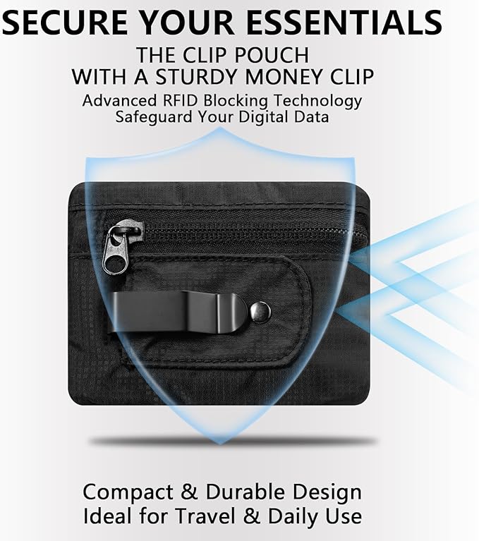 KOSMCCO RFID Blocking Clip Stash Pocket, Compact Hidden Travel Belt Wallet for Cards & Cash - Slim Pickpocket-Proof Design for Everyday Carry, Black