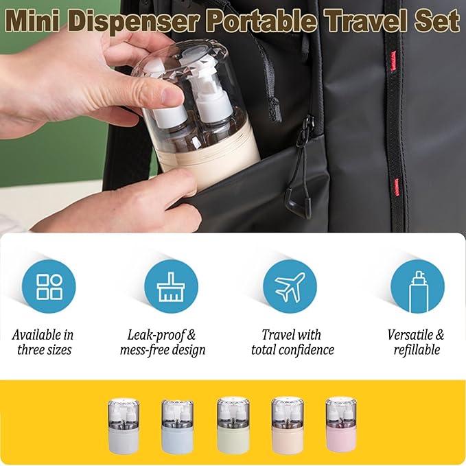 CLOUDEMO Mini Shampoo Dispenser Portable Travel Bottle Set, 2-in-1, 3-in-1, 4-in-1 Mini Dispenser Portable Travel Set, Leak Proof Refillable Travel Containers with Labels (Beige,3 in 1)