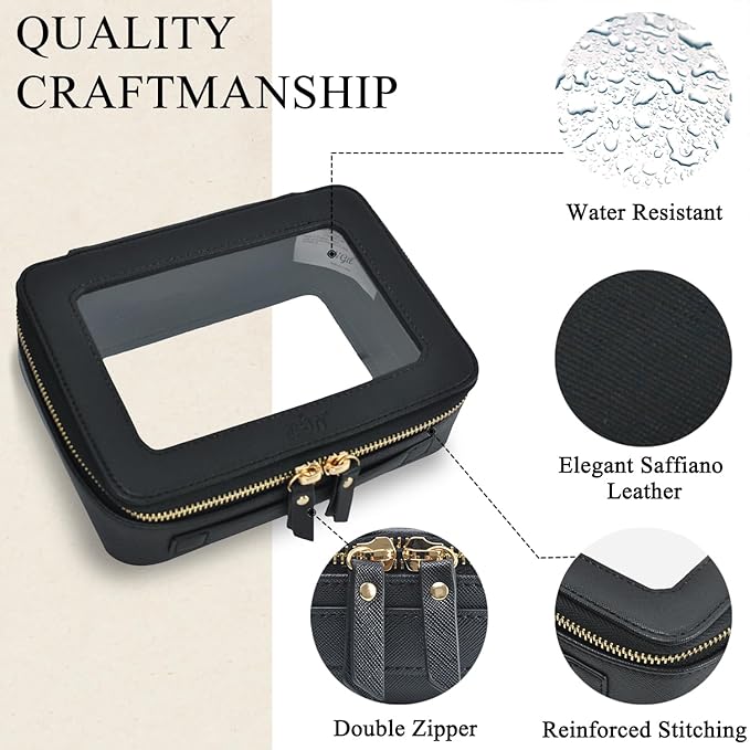 NGIL Clear Faux Leather Travel Toiletry Bag, Makeup Bag Organizer for Women, Clear Window & Gold Zipper Makeup Bag, Road Trip Essential, Skincare, Cruise Ship Essentials (Black)