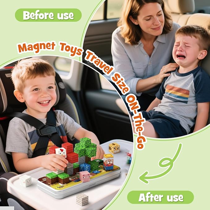 Mini Magnetic Blocks Farm Animals Travel Toys, 35PCS Portable STEM Magnetic Building Cubes with Metal Storage Box for Kids Ages 4-8, Road Trip & Airplane Essentials