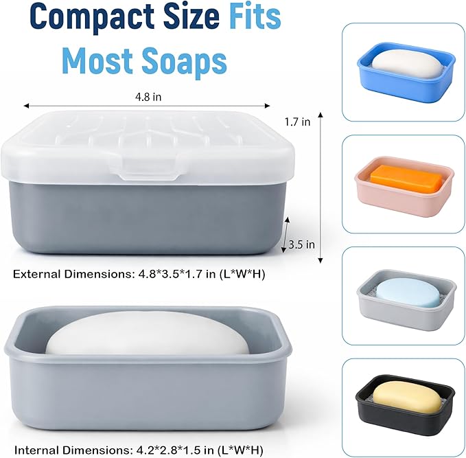 Leakproof Silicone Travel Soap Case: Compact Portable Bar Soap Case with Drainage Layer & Upgraded Lid - 2026 Travel Essentials for Camping, Gym, Shower & Carry-on Bags (Gray)