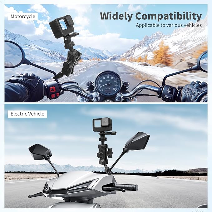 Bike Motorcycle Camera Mount Bundle Kit, 1/4 Screw & Tripod Mount Adapter, 360°Swiveling Ball Head Base -Rotating Ball Head Clamp Arm for lnsta36o X5/X4/X3/X2, Rearview Mirror(0.39“) 75014