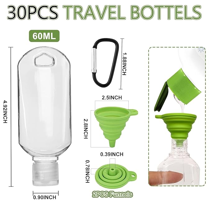 Abodhu 30Pcs Empty Hand Sanitizer Travel Bottles with Keychain 2.03oz/60ml Portable Clear Leakproof Portable Refillable Plastic Squeeze Containers