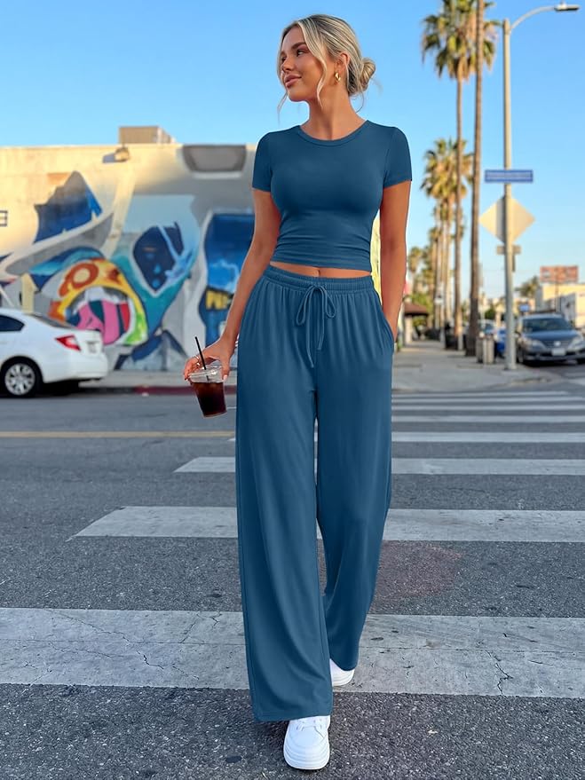Trendy Queen 2 Piece Matching Summer Lounge Set Womens Side Ruching Top Wide Leg Pants Sets with Pockets